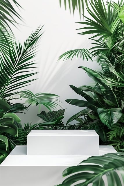 A white product display stand surrounded by plants.