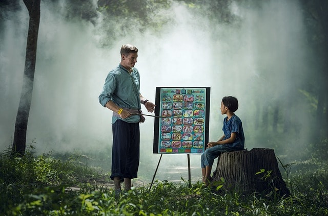 A man pointing to some images on a board to a boy.