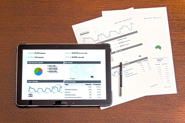 A tablet and pieces of paper displaying graphs.