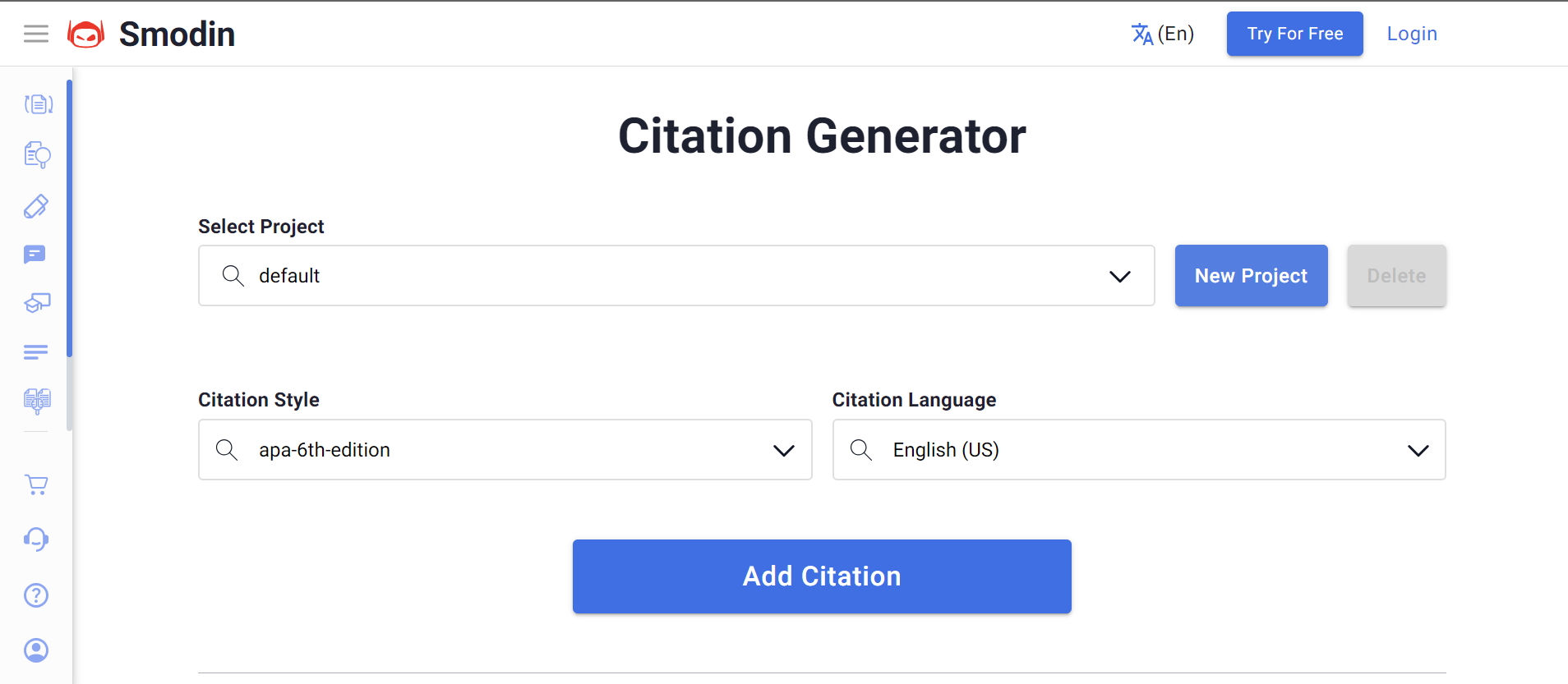 Smodin's screenshot of its Citation Generator tool.