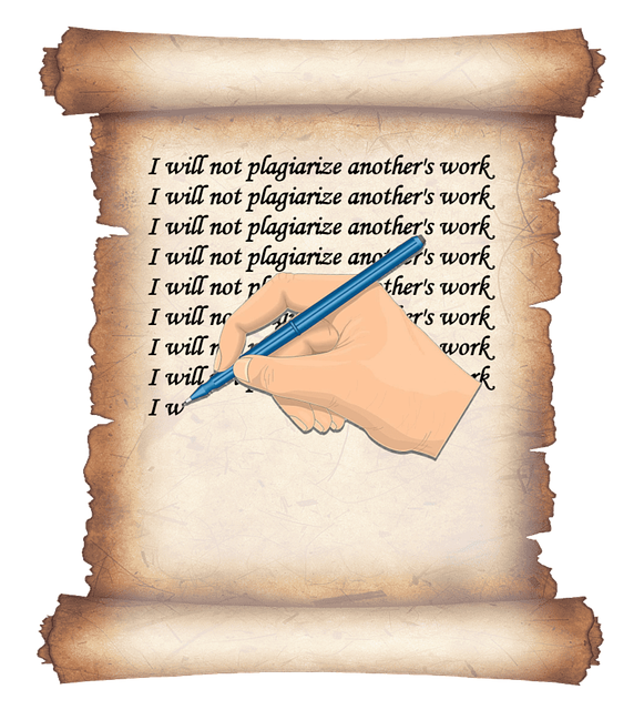 An illustration of a hand writing "I will not plagiarize another's work."