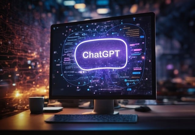 A computer screen with a circular purple icon that has "ChatGPT" written in the middle.