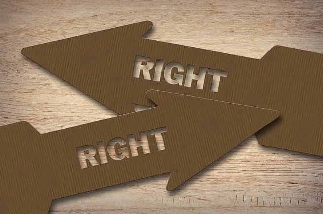 Two brown arrows pointing in different directions and saying "right."