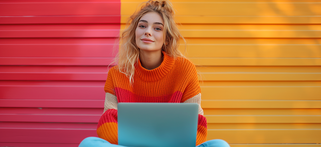 A woman sitting in front of a pink and yellow wall with a laptop on her lap.