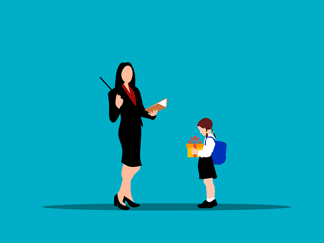 An illustration of a teacher and a child giving them a present.