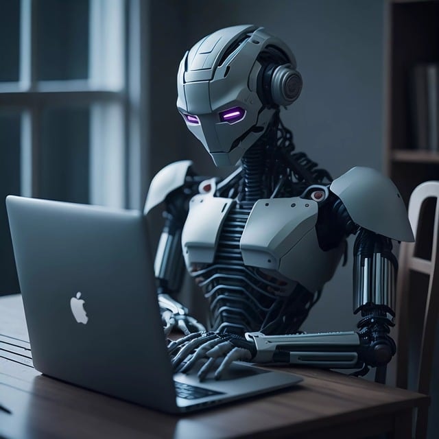 A robot writing something in a laptop.