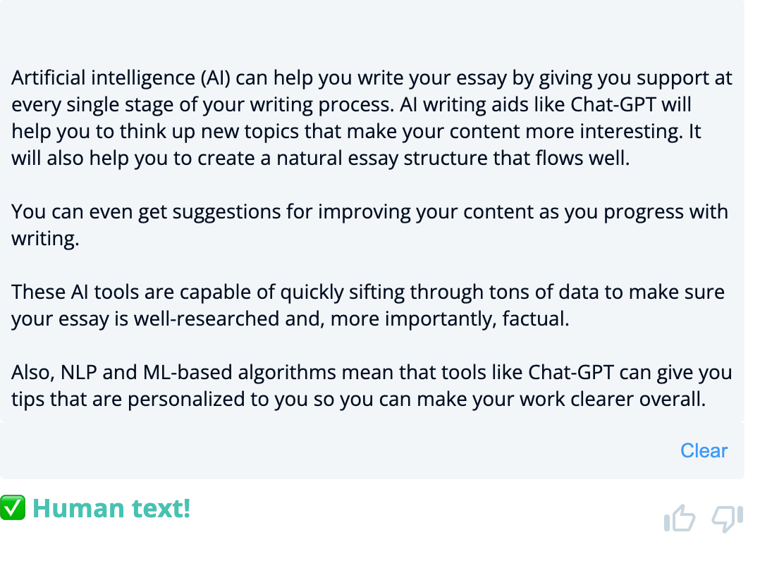 Smodin's screenshot of the results from Copyleaks for adapted WriteHuman text showing it passes the humanizer test.