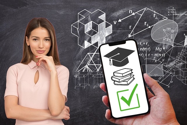 A woman looking at someone holding a smartphone with a graduation cap, some books, and a green tick displayed on the screen.