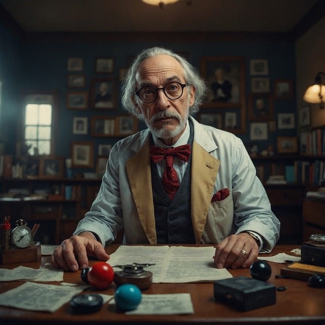 A university professor sitting at a desk which has pieces of papers and small round balls.