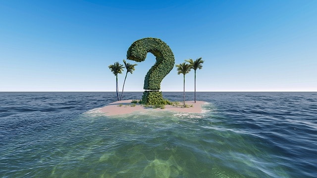 A tall plant given the shape of a question mark on top of a sandy patch in the middle of the sea.