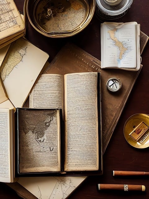 A wooden desk with lots of open books on top of it.