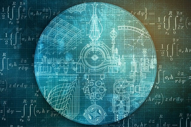 Mathematical equations surrounding a circle that contains different geometrical shapes.