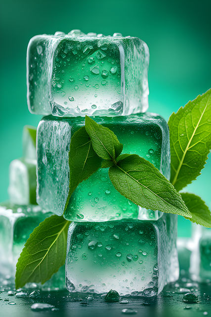 Ice cubes stacked on top of each other and some mint leaves in between them.