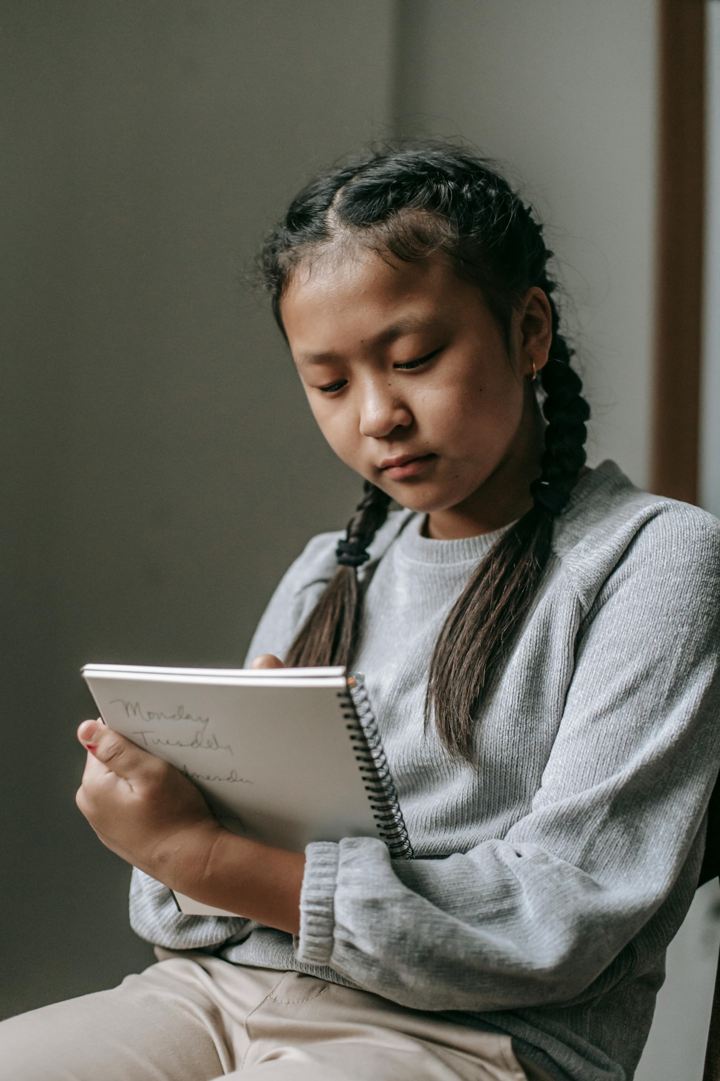 A young girl with plaited hair braids writes in her notebook.