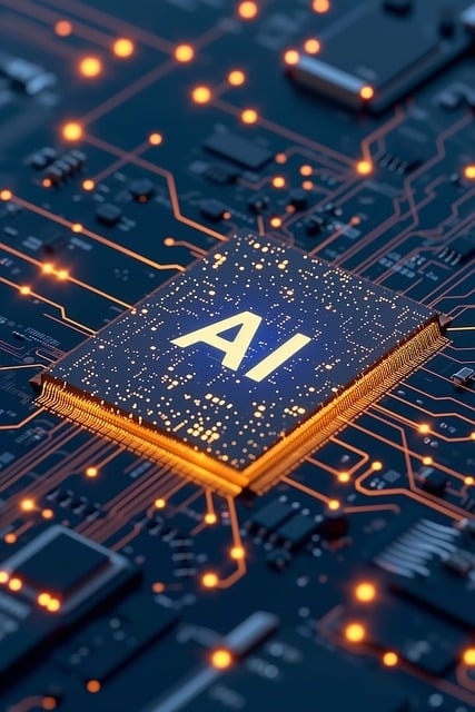 The word "AI" on a blue microchip on a circuit board.