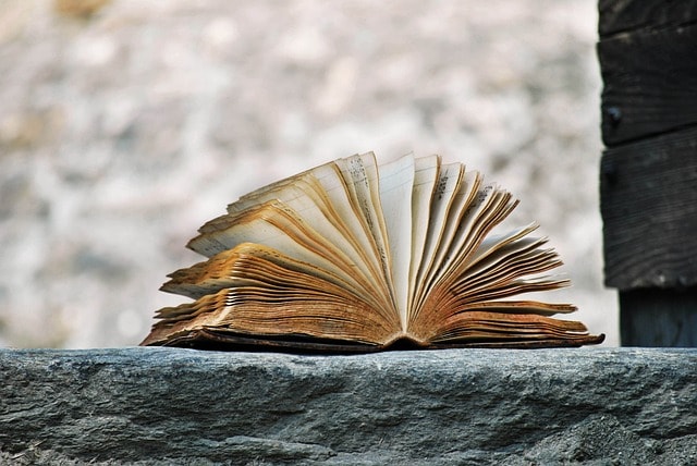 An open book placed on a grey stone surface.