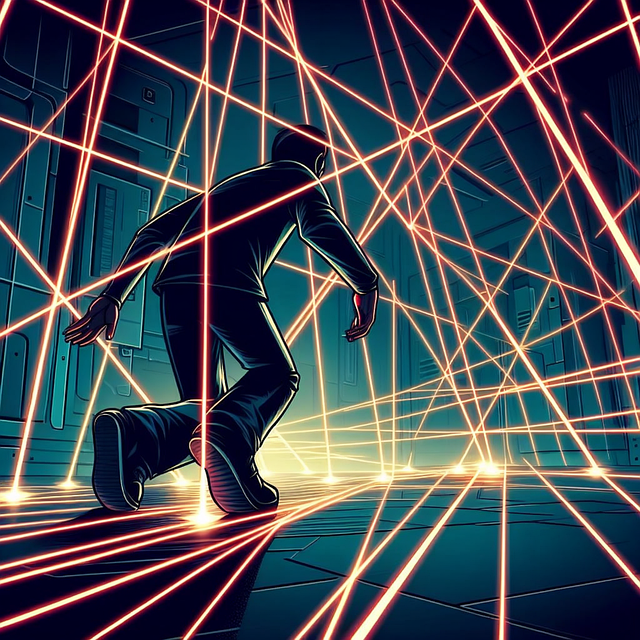 An illustration of a person walking through a maze of lazer beams.