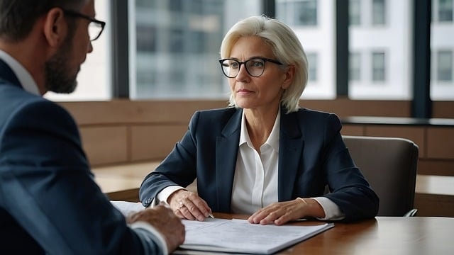 Deux personnes assises l'une en face de l'autre dans ce qui semble être un entretien d'embauche.