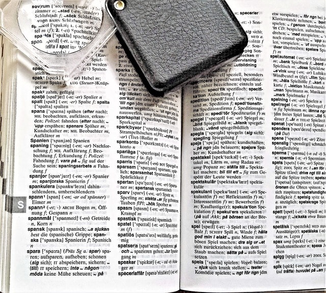 A magnifying glass on top of an open dictionary.