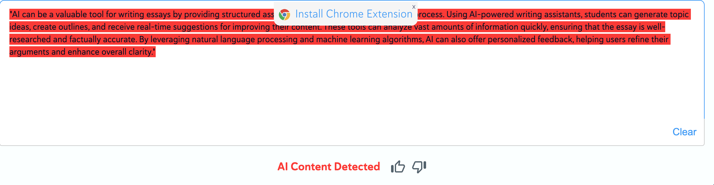 Smodin's screenshot of text inserted into Copyleaks and detected as AI content with all text highlighted red.