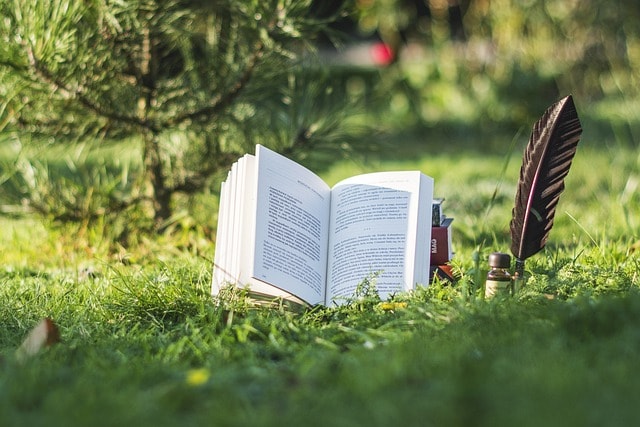 An open book on top of grass and next to a quill and bottle of ink.