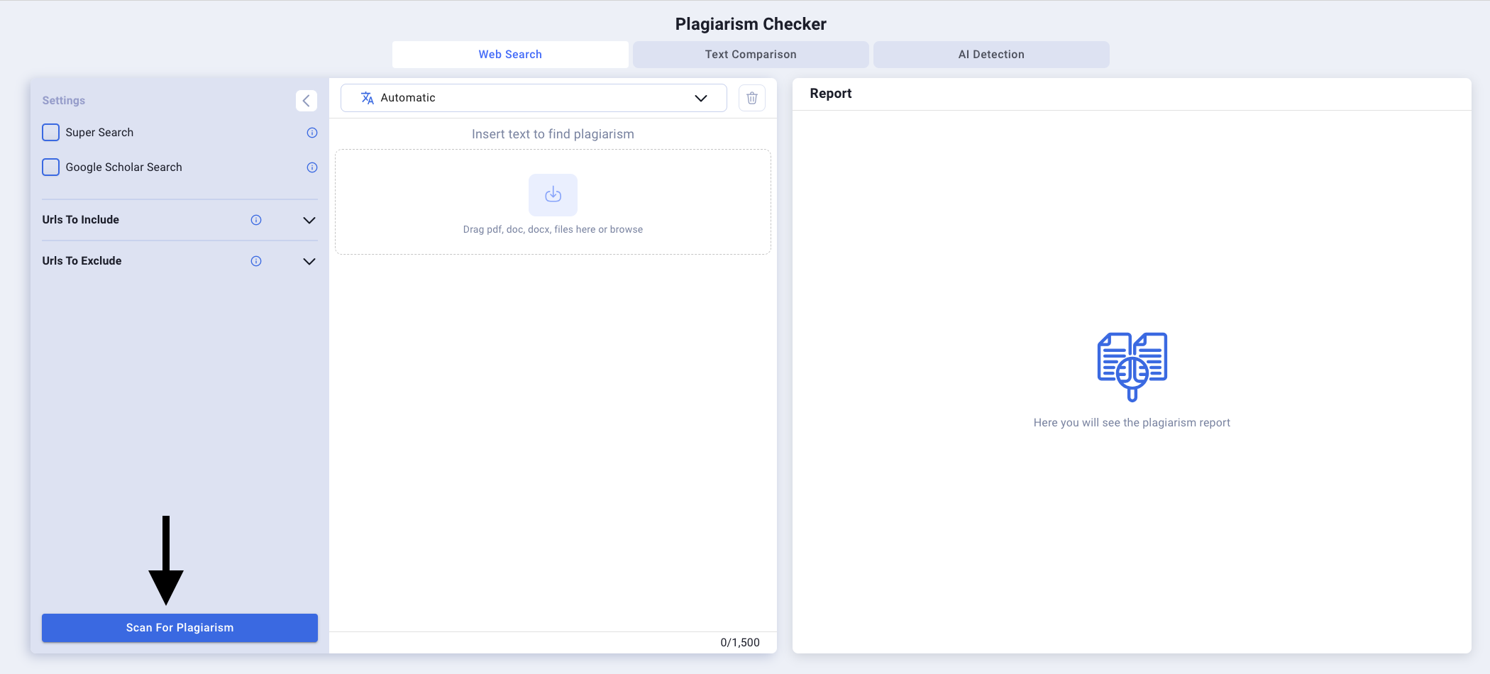 Smodin’s screenshot of its Plagiarism Checker Tool with an arrow that points at the scan for plagiarism button.