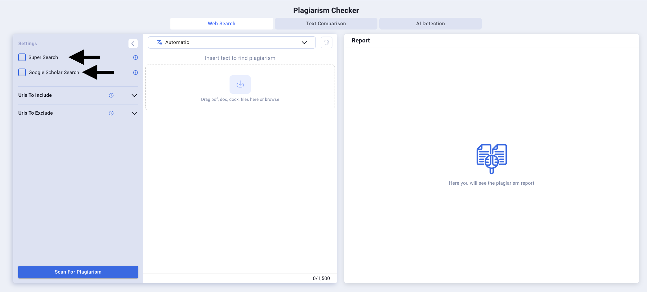 Smodin’s screenshot of its Plagiarism Checker Tool with an arrow that points at the customization options for Web Search. 