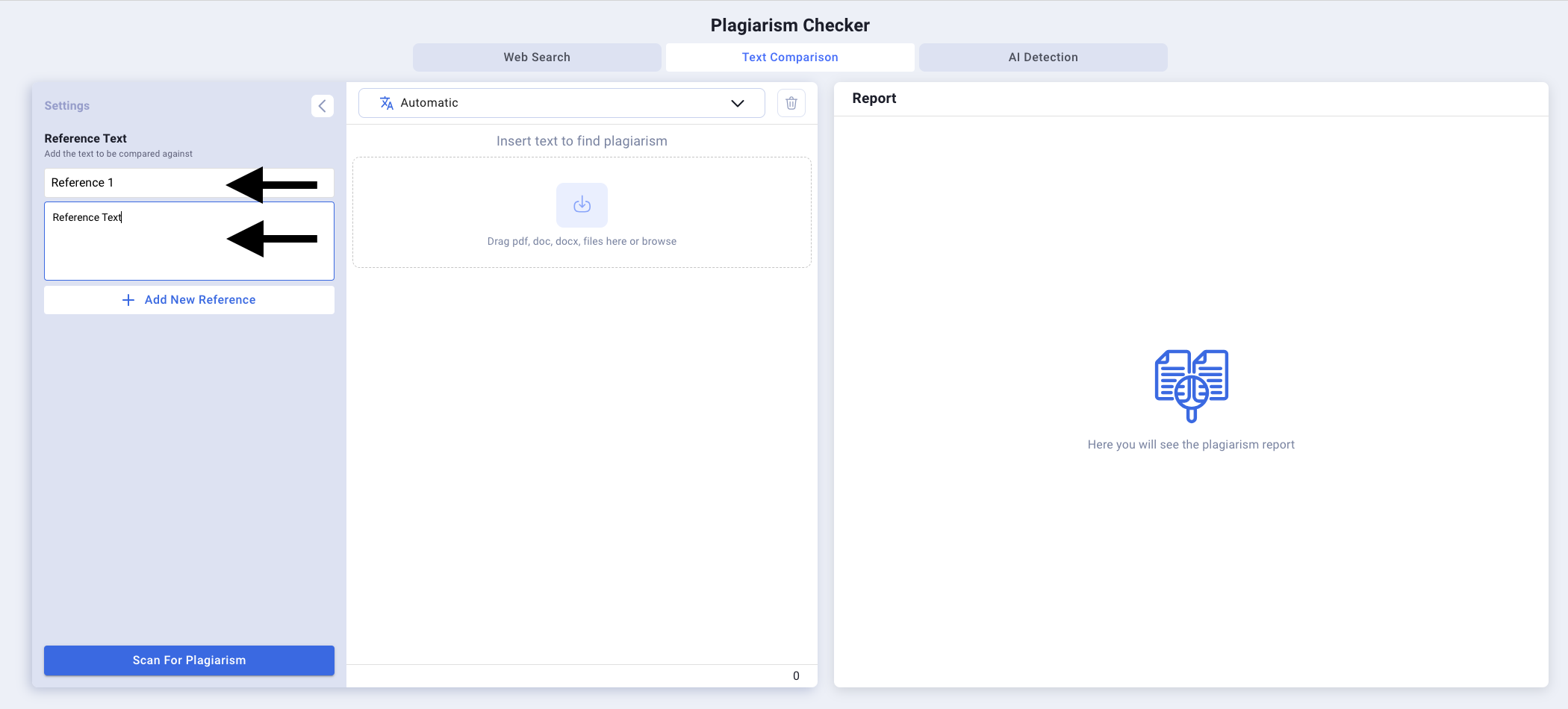 Smodin’s screenshot of its Plagiarism Checker Tool with arrows that points towards where to add the reference text.