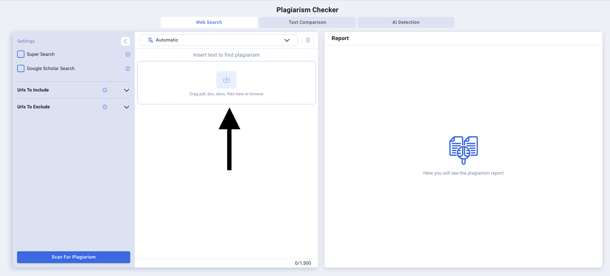 Smodin’s screenshot of its Plagiarism Checker Tool with an arrow that points at the upload section. 