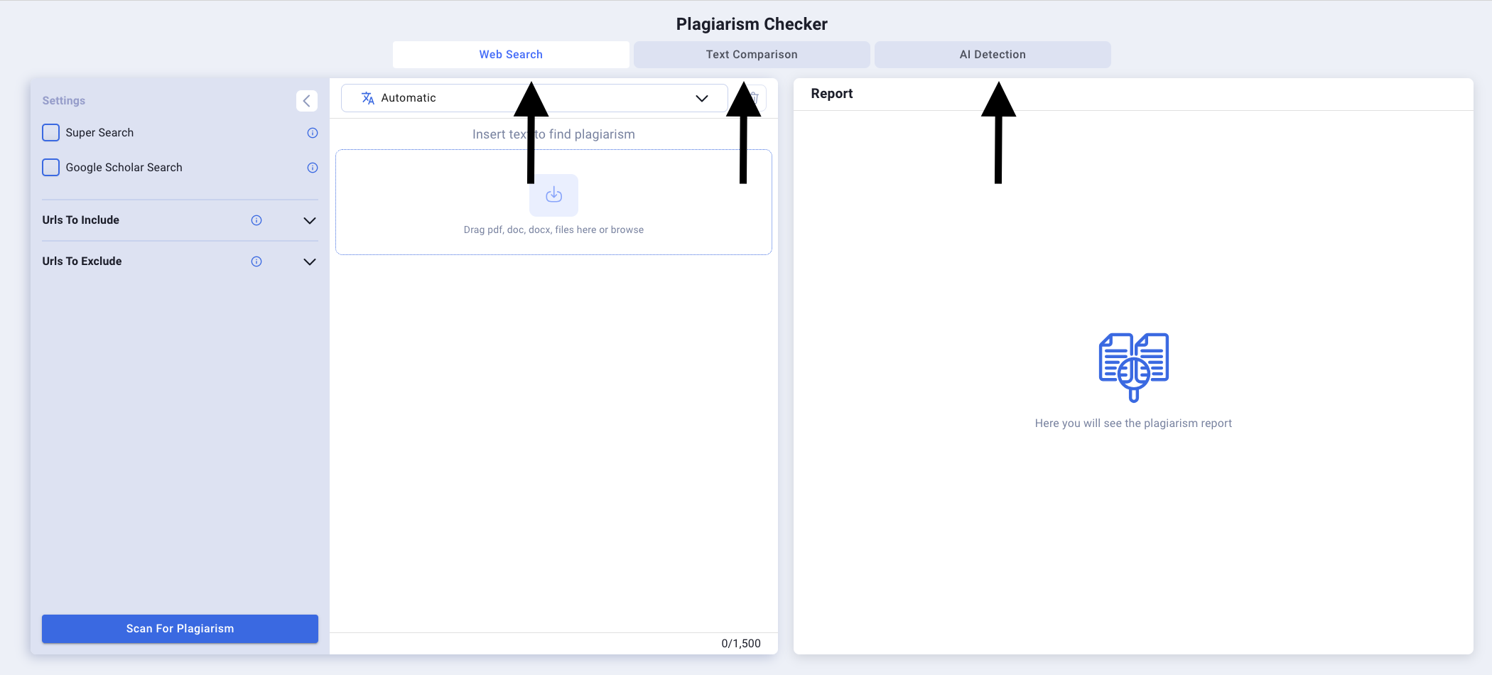 Smodin’s screenshot of its Plagiarism Checker Tool with arrows that point toward different plagiarism tools. 