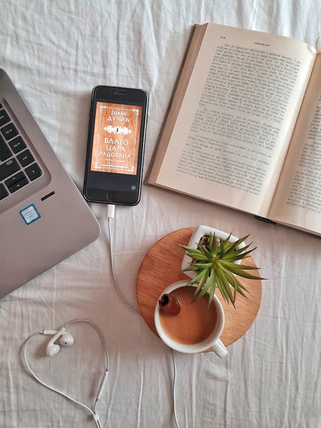 A gray laptop, a black iPhone with white Apple earpods, a book, a cup of coffee, and a potted plant. 