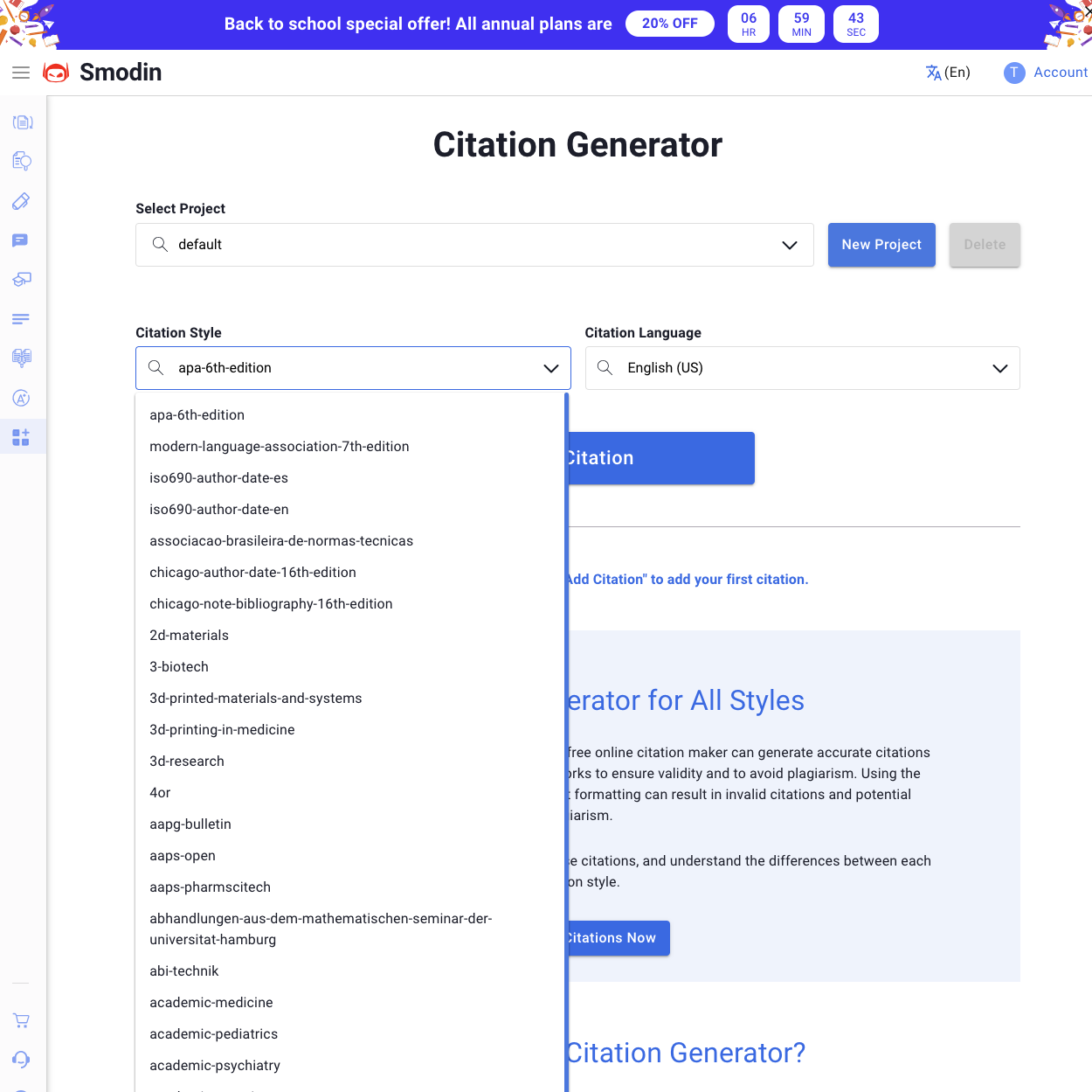 Smodin’s screenshot of its Citation Generator’s dashboard.