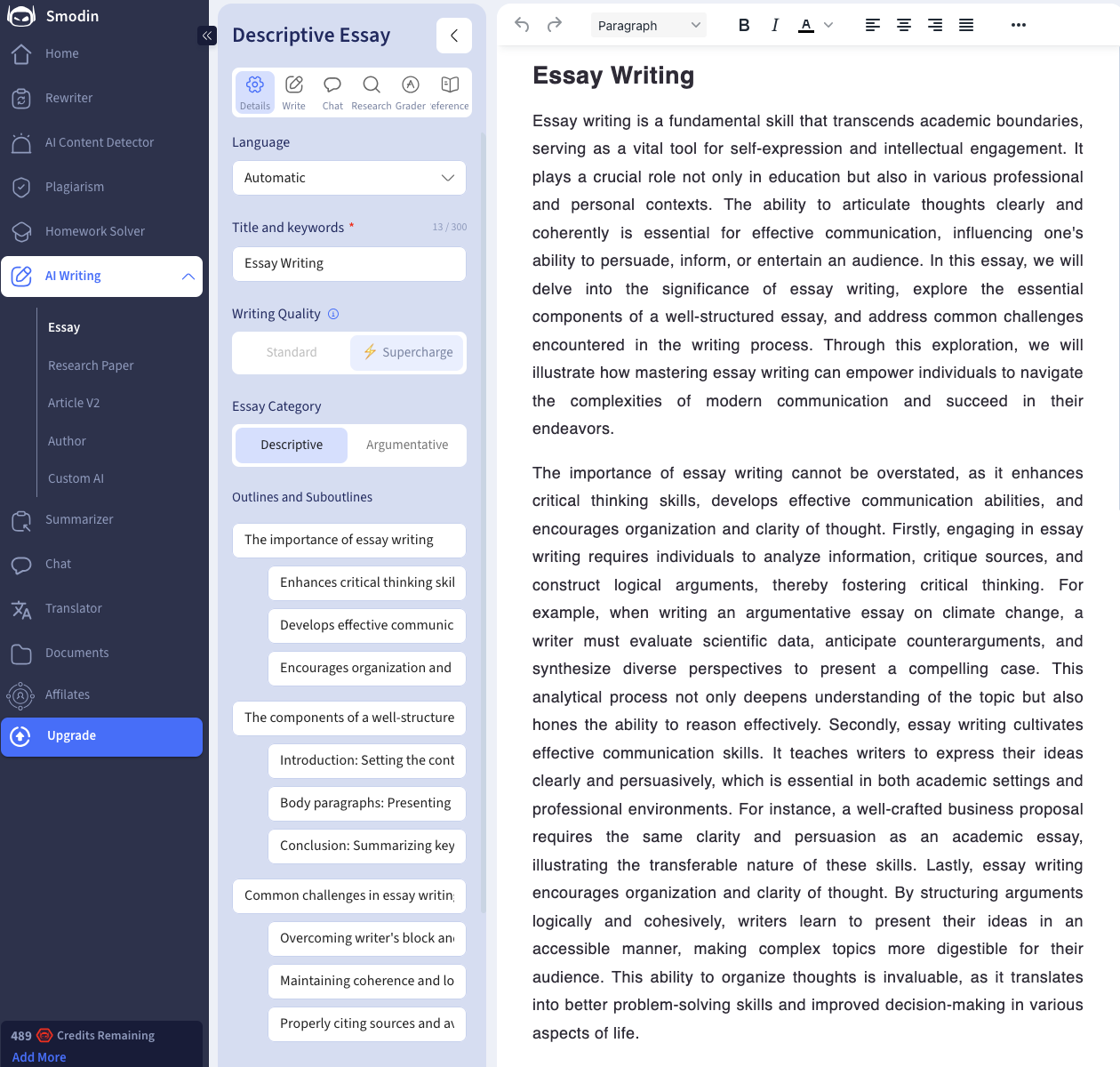 Smodin’s screenshot of its AI Essay Writer tool’s dashboard. 