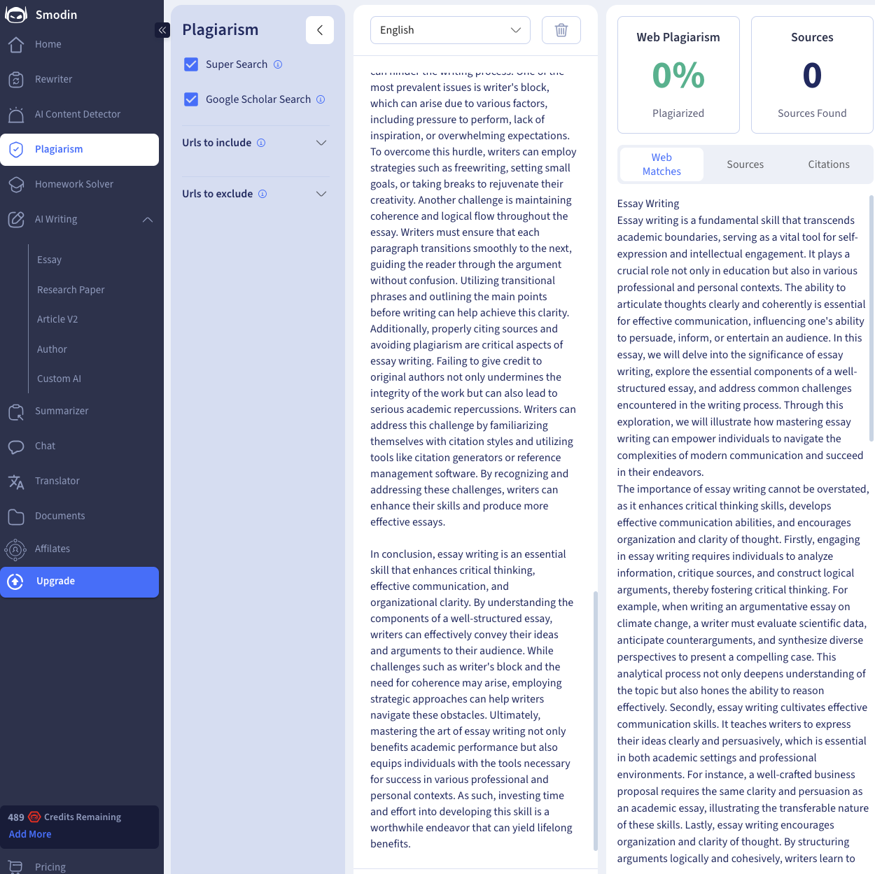 Smodin’s screenshot of the report generated by its Plagiarism Checker tool. 