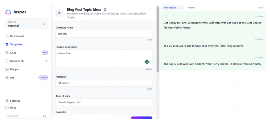 Smodin’s screenshot of Jasper AI’s dashboard to generate blog topic ideas.
