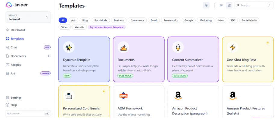 Smodin’s screenshot of Jasper AI’s template dashboard for content creation. 