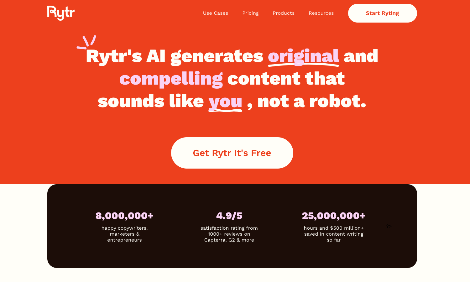 Smodin’s screenshot of the Rytr, an AI writing tool’s homepage. 