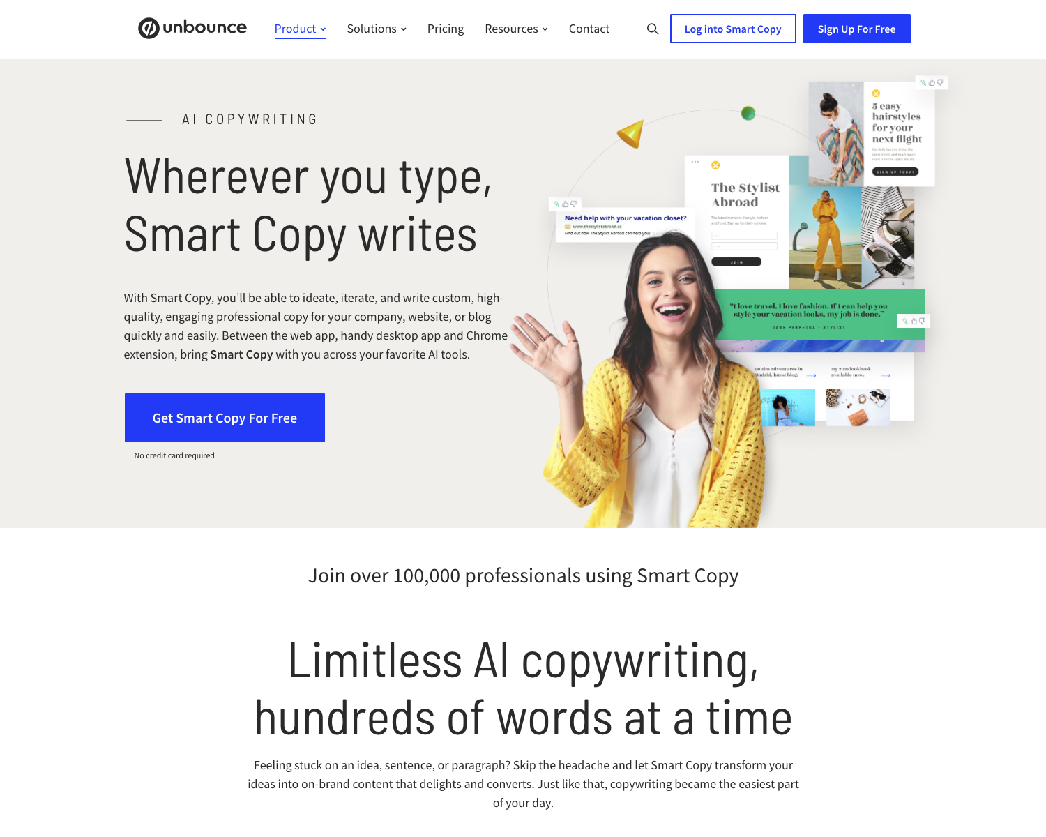 Smodin’s screenshot of Unbounce’s AI writing tool, Smart Copy’s homepage. 