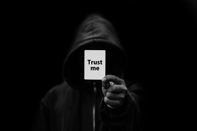 A person with a hoodie holds a white card with the phrase — Trust Me. 