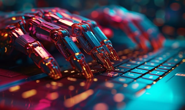 A close-up of a robot's hands typing on a keyboard. 