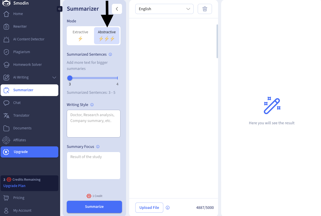 Smodin's screenshot of its Summarizer tool that uses the Abstractive mode interface. 