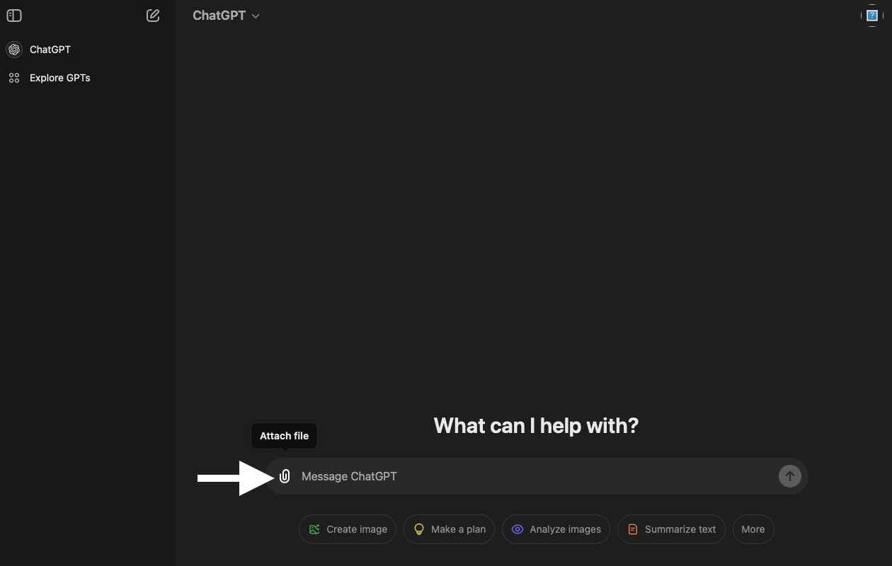   Smodin's screenshot of ChatGPT's interface and a white arrow that points at the Attach File button.