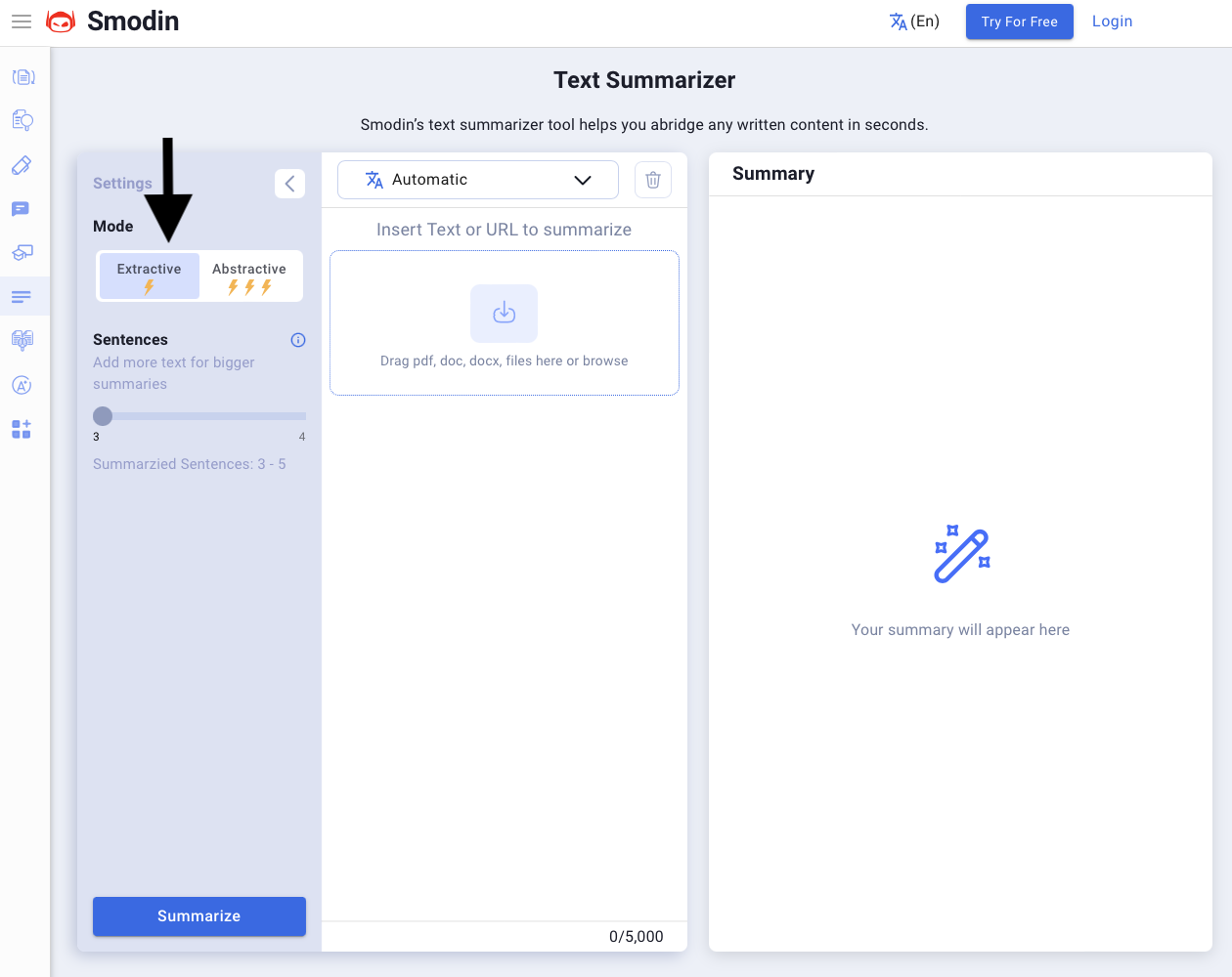 Smodin's screenshot of its Summarizer tool that uses the Extractive mode interface. 