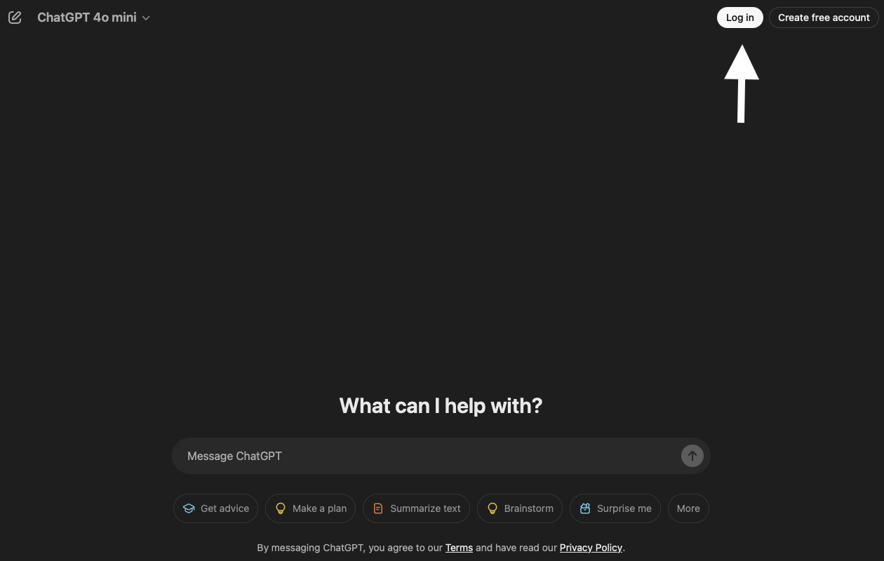 Smodin's screenshot of ChatGPT's homepage with a white arrow that points to the login button. 