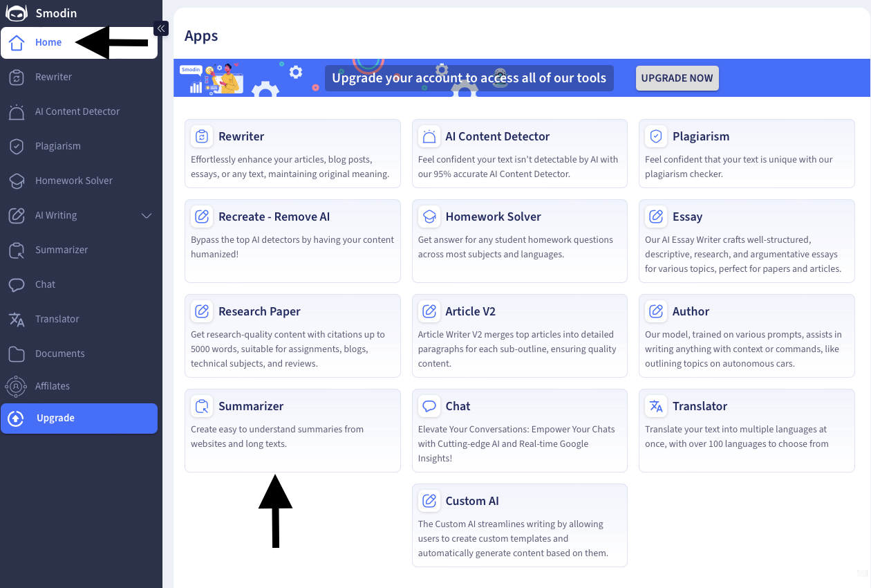 Smodin's screenshot of its AI-powered apps collection with black arrows that point at the Apps button and Summarizer tool.