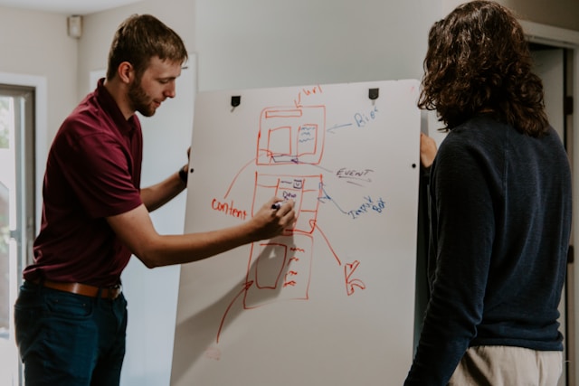 People using a whiteboard to organize their content planning. 