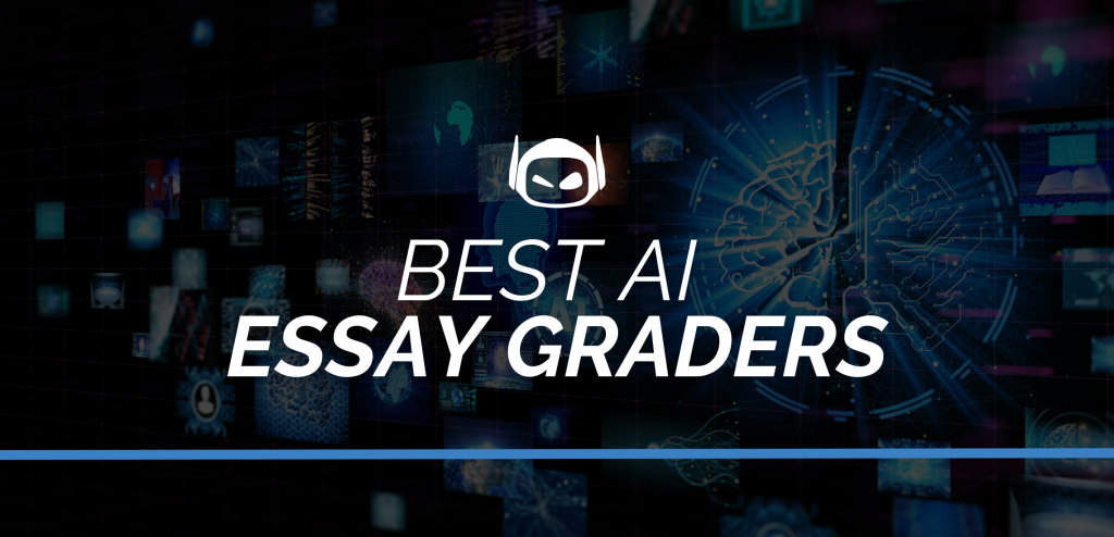 Smodin's graphic showcasing a futuristic background with various digital elements and the text "Best AI Essay Graders," highlighting AI for grading.