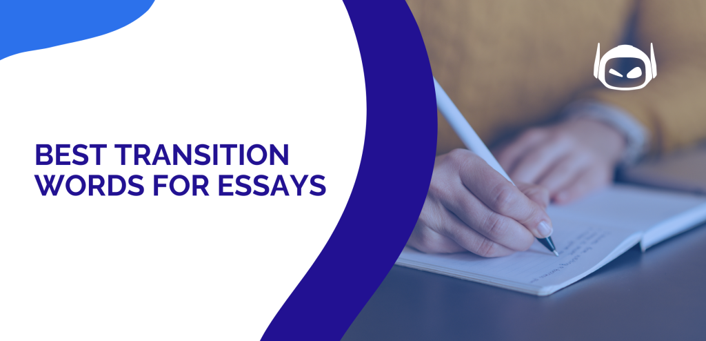 Smodin's graphic with the text "Best Transition Words for Essays" in blue on a white background, featuring a hand writing in a notebook.