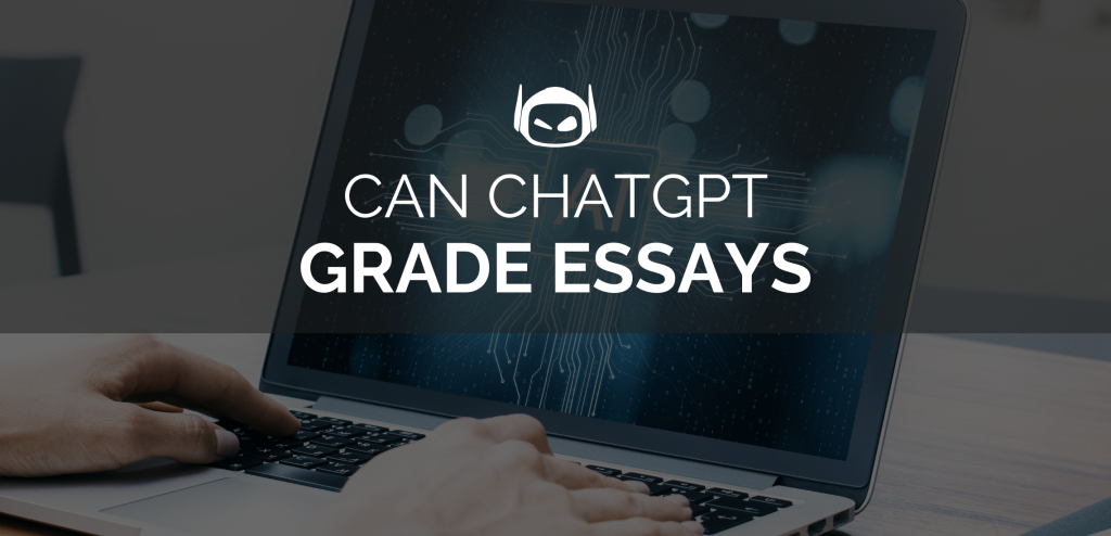 Smodin's graphic of a person typing on a laptop with "Can ChatGPT Grade Essays" on the screen, suggesting the use of AI for evaluating writing.