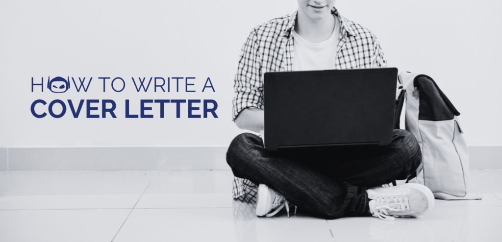 Smodin graphic with navy blue text "how to write a cover letter" next to a person sitting on the floor, working on a laptop.